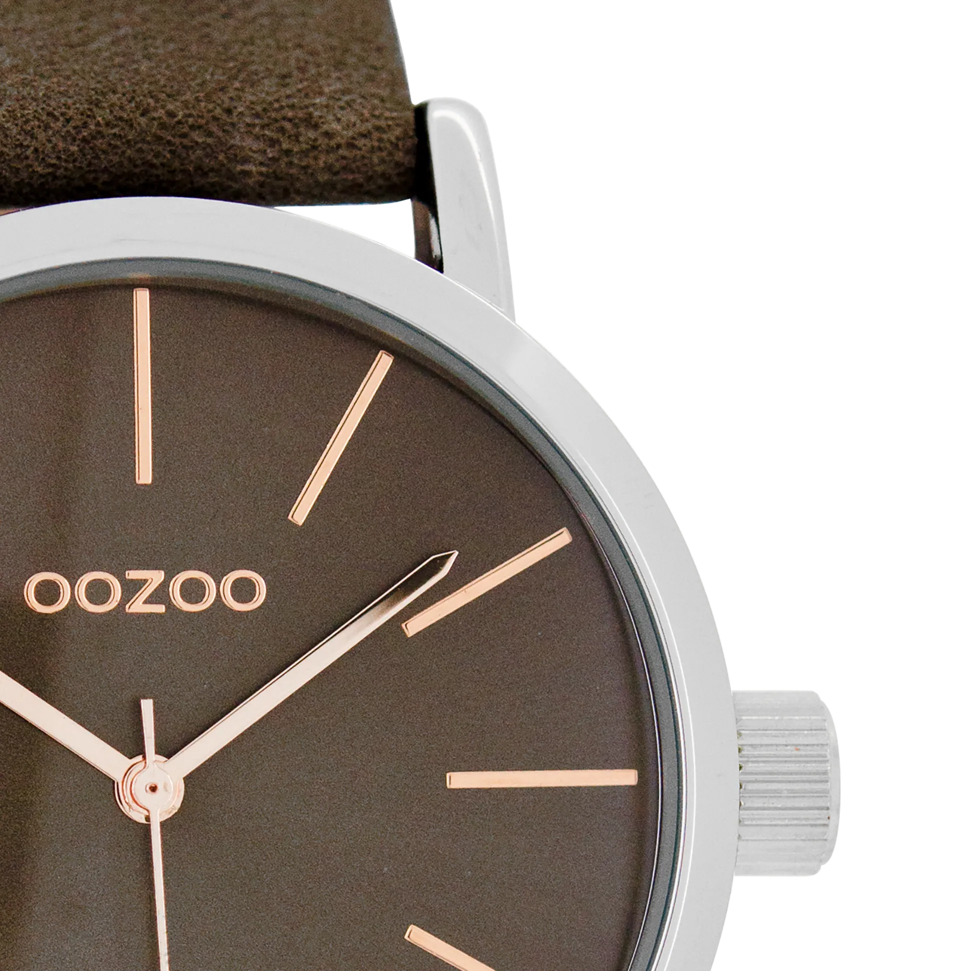 Silver coloured  watch with dark brown leather strap