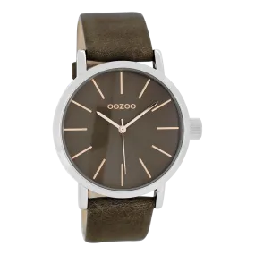 Silver coloured  watch with dark brown leather strap