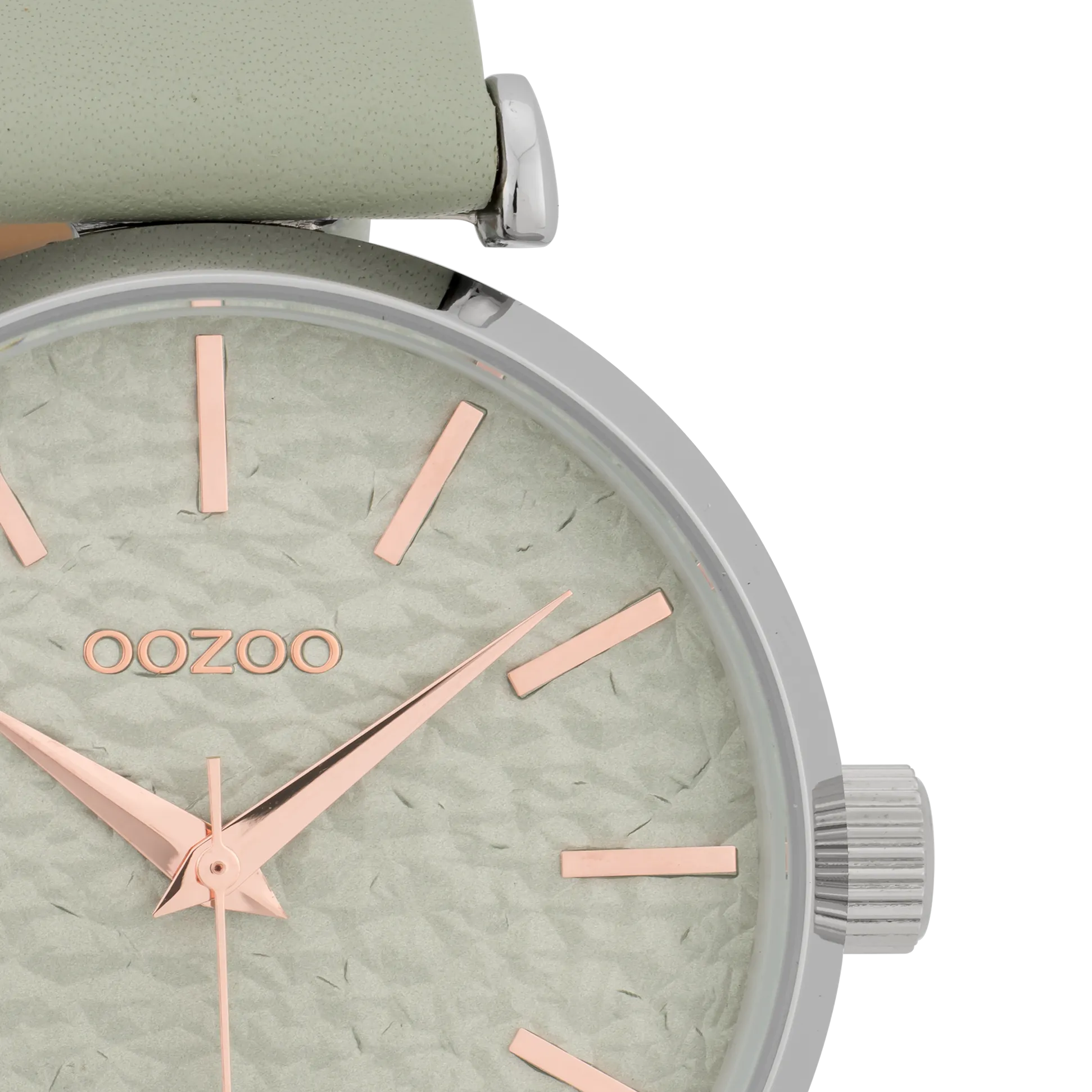 Silver coloured  watch with green grey  leather strap