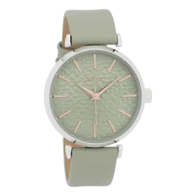 Silver coloured  watch with green grey  leather strap