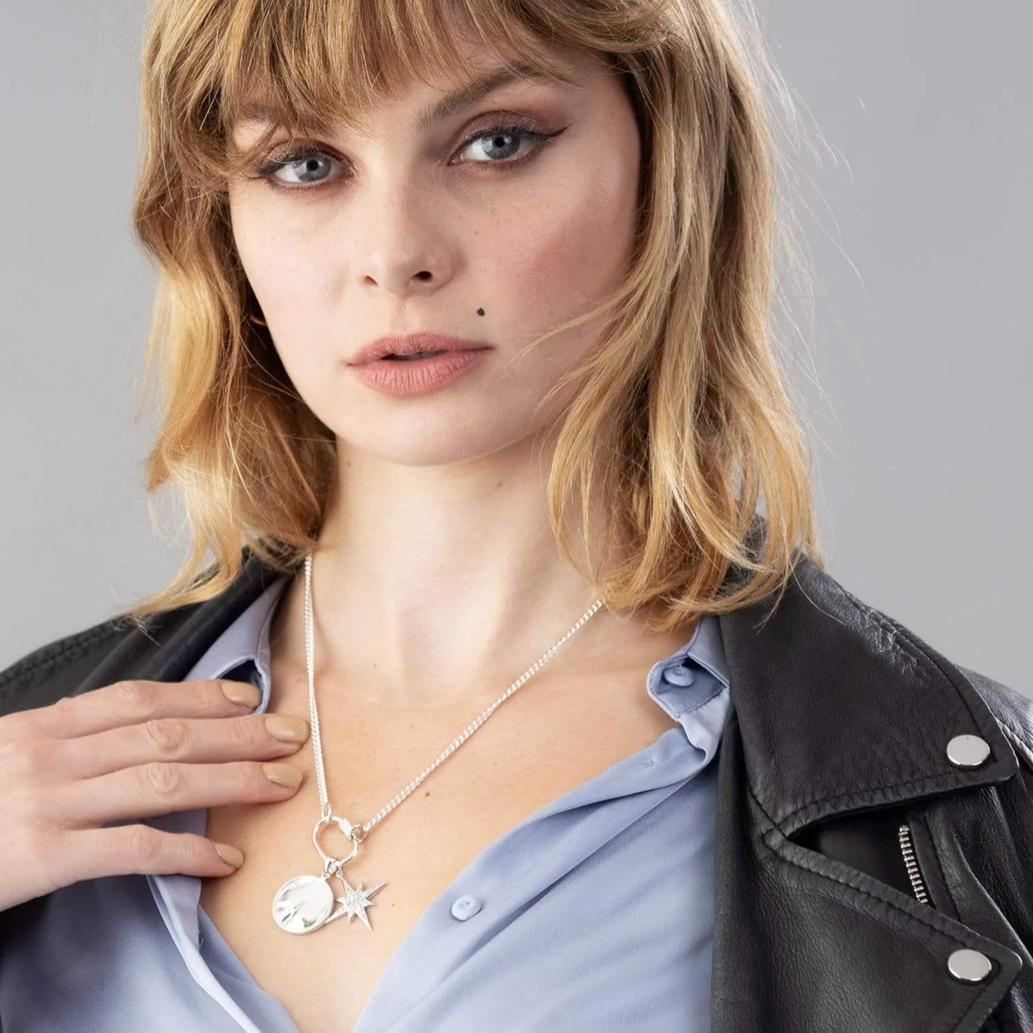 Silver Oval Carabiner Curb Chain Necklace