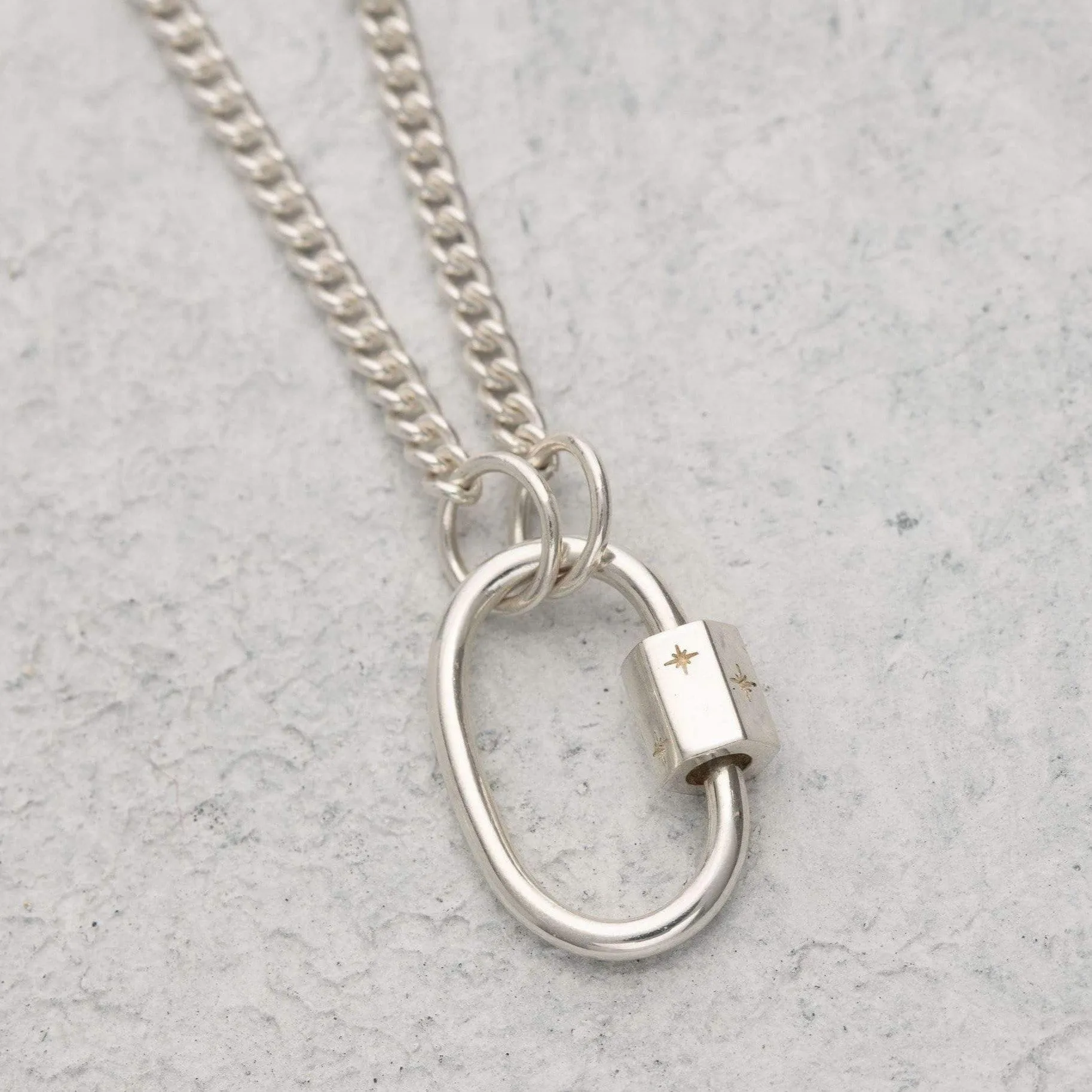 Silver Oval Carabiner Curb Chain Necklace