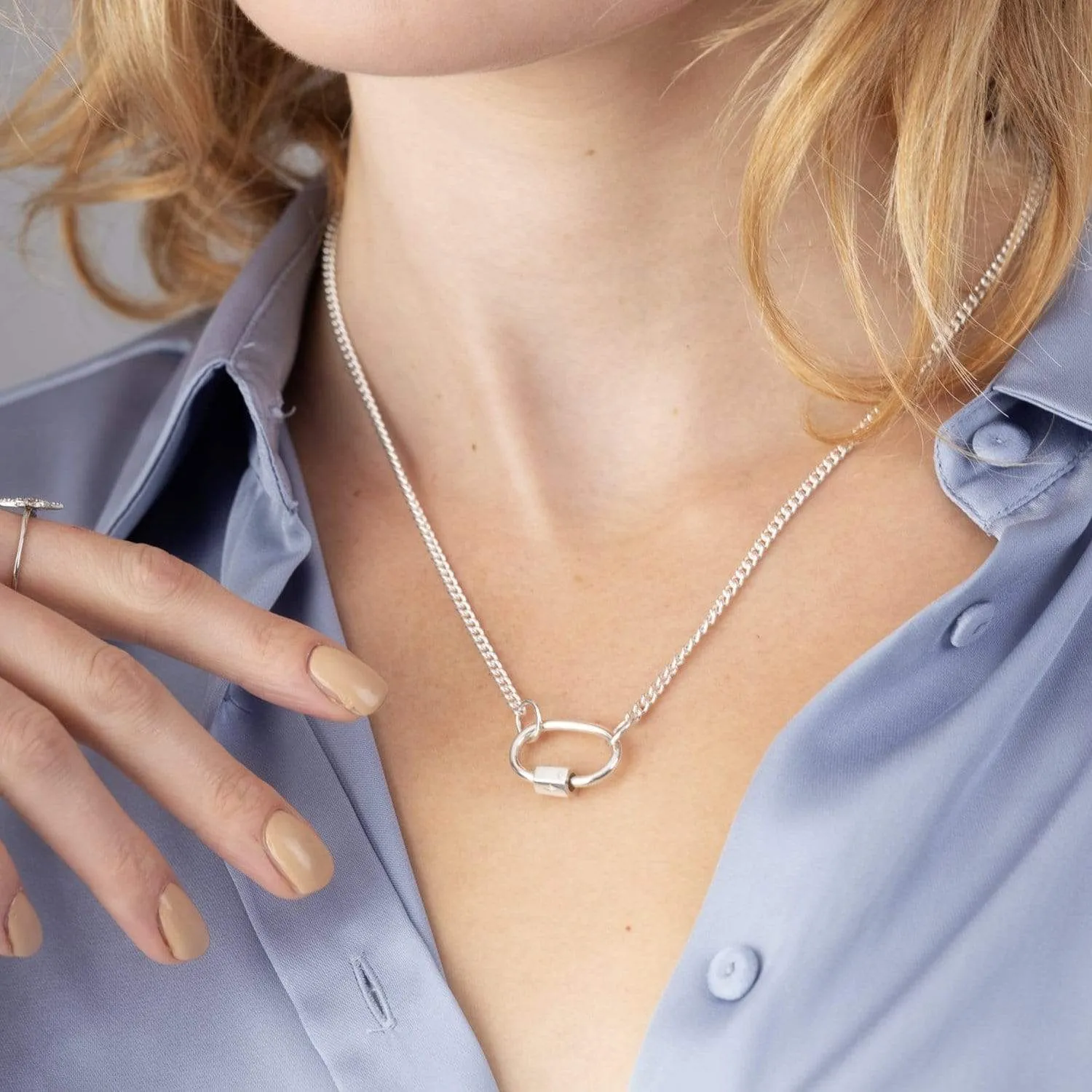 Silver Oval Carabiner Curb Chain Necklace
