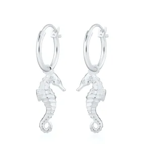 Silver Seahorse Charm Hoop Earrings