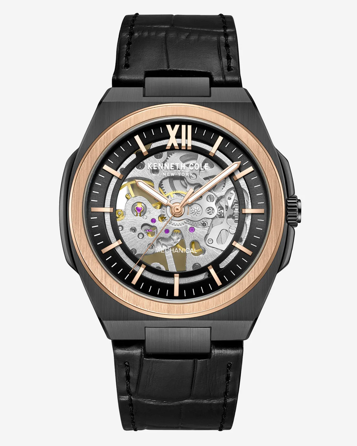 Skeleton Mechanical Two-Tone Leather Strap Watch
