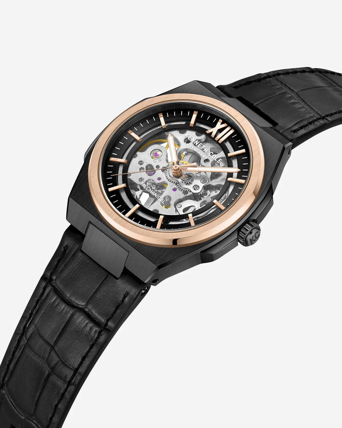 Skeleton Mechanical Two-Tone Leather Strap Watch