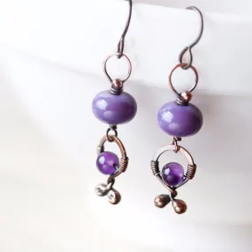 Unusual Boho Dangle Earrings, oxidized copper, pastel purple lampwork glass and amethyst