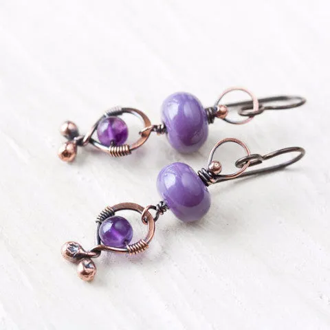 Unusual Boho Dangle Earrings, oxidized copper, pastel purple lampwork glass and amethyst
