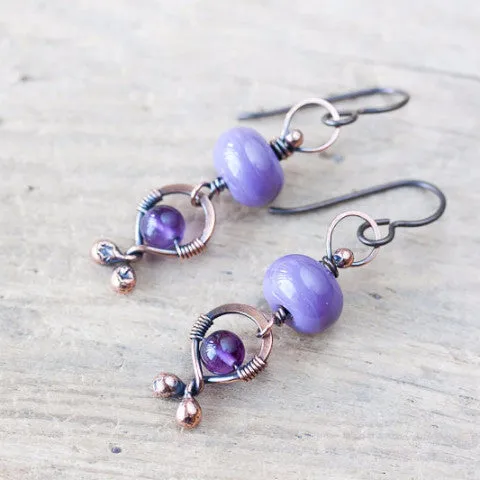 Unusual Boho Dangle Earrings, oxidized copper, pastel purple lampwork glass and amethyst