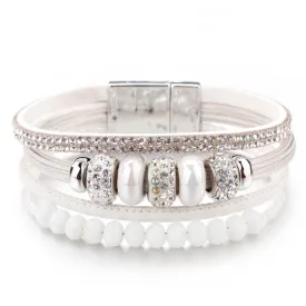 'Yiray' Beads and Rhinestones Cuff Bracelet - white
