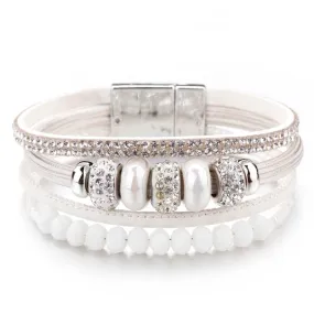 'Yiray' Beads and Rhinestones Cuff Bracelet - white